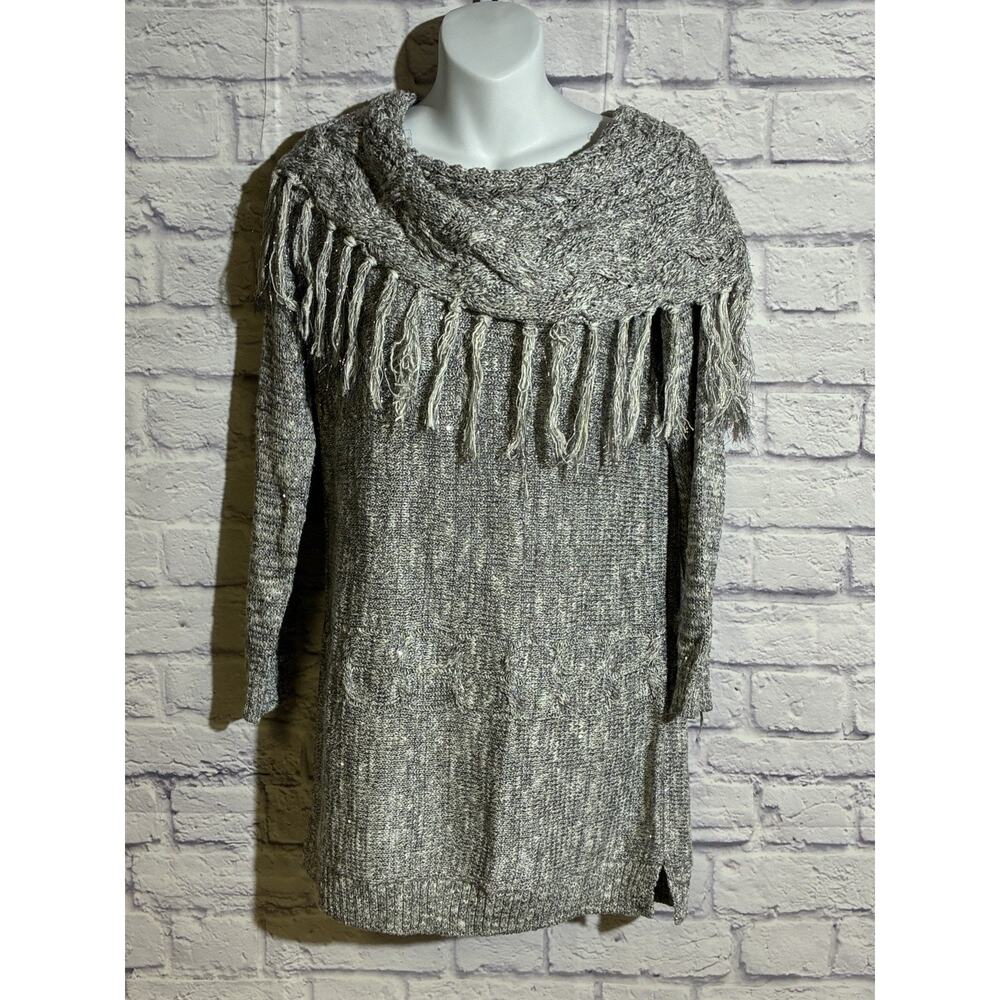 INC Metallic Fringe Cowl Sweater – Gray Knit Tunic – Women’s M